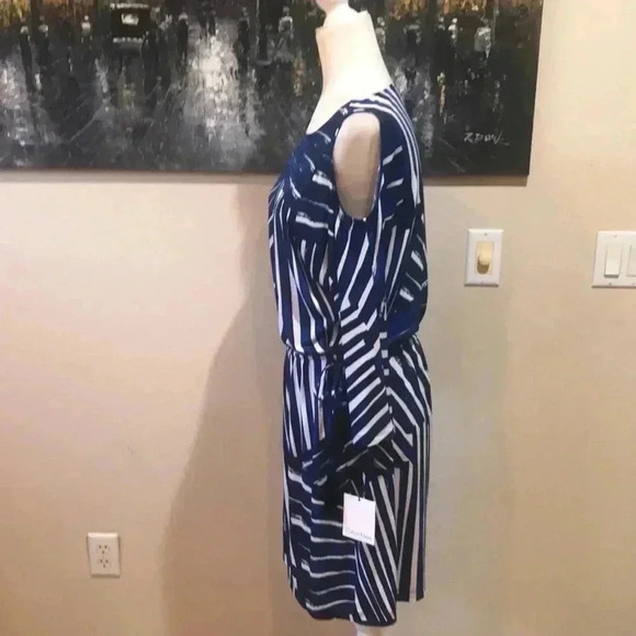 NWT CALVIN KLEIN Royal Blue & White Drawstring Waist Cold Shoulder Dress- Size 6 - Picture 4 of 13